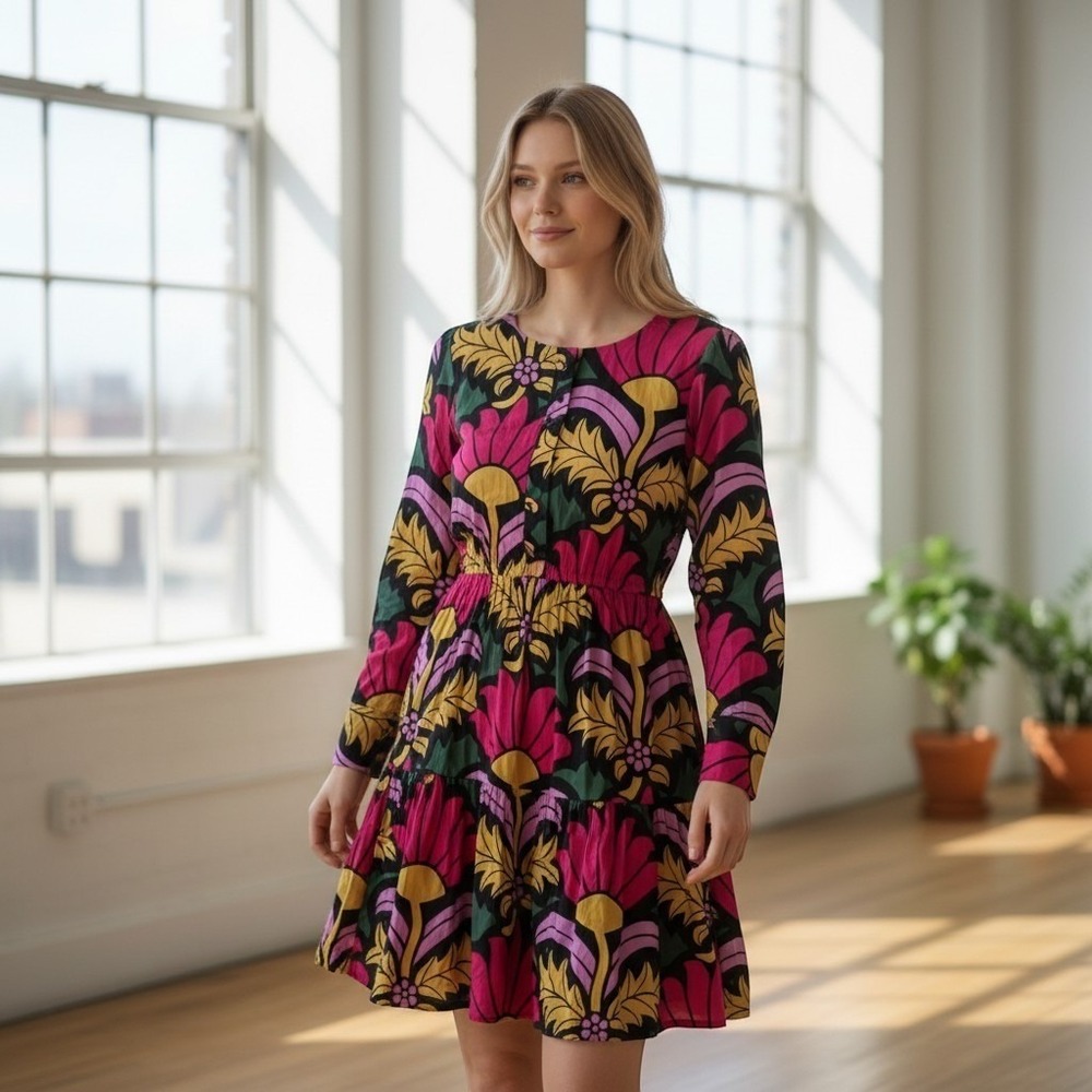 J.Crew Maximalist Retro Mod Floral Tiered Mini Dress 6 Cotton Tropical Yellow - Picture 10 of 10